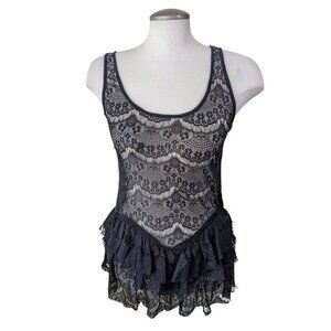 Ella Moss Womens Sheer Lace Tank Top Small Black Tiered Peplum Whimsigoth Witchy